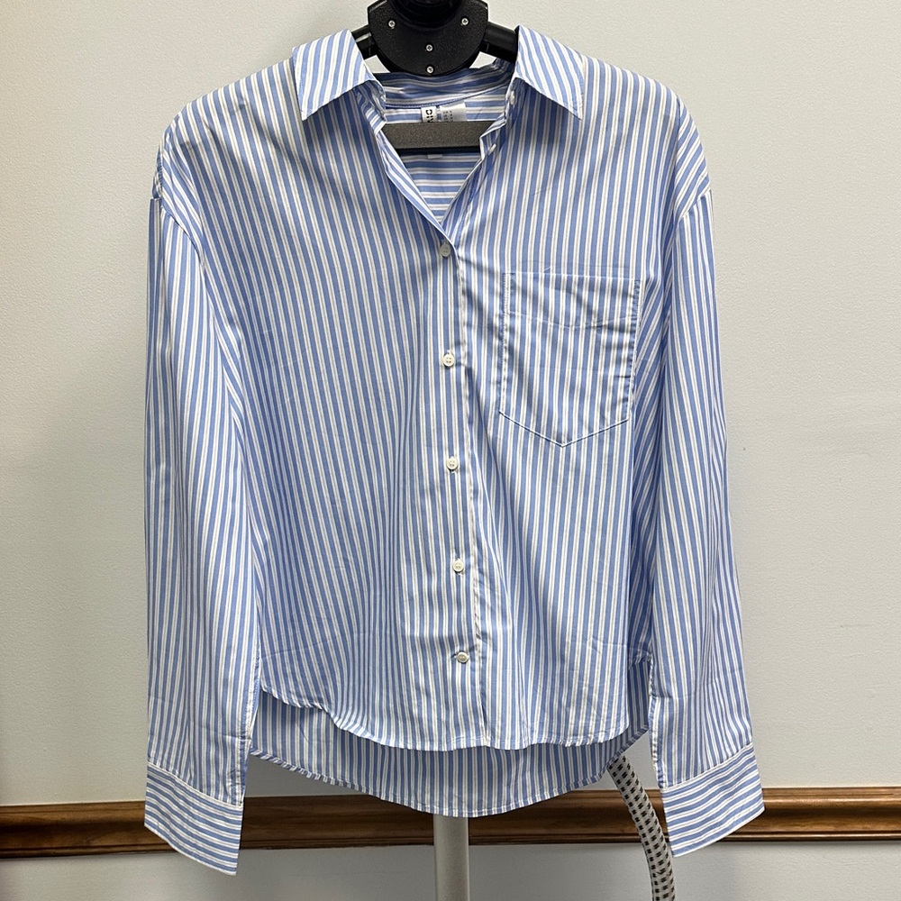 Divided Light Blue and White Striped Button-Down Shirt